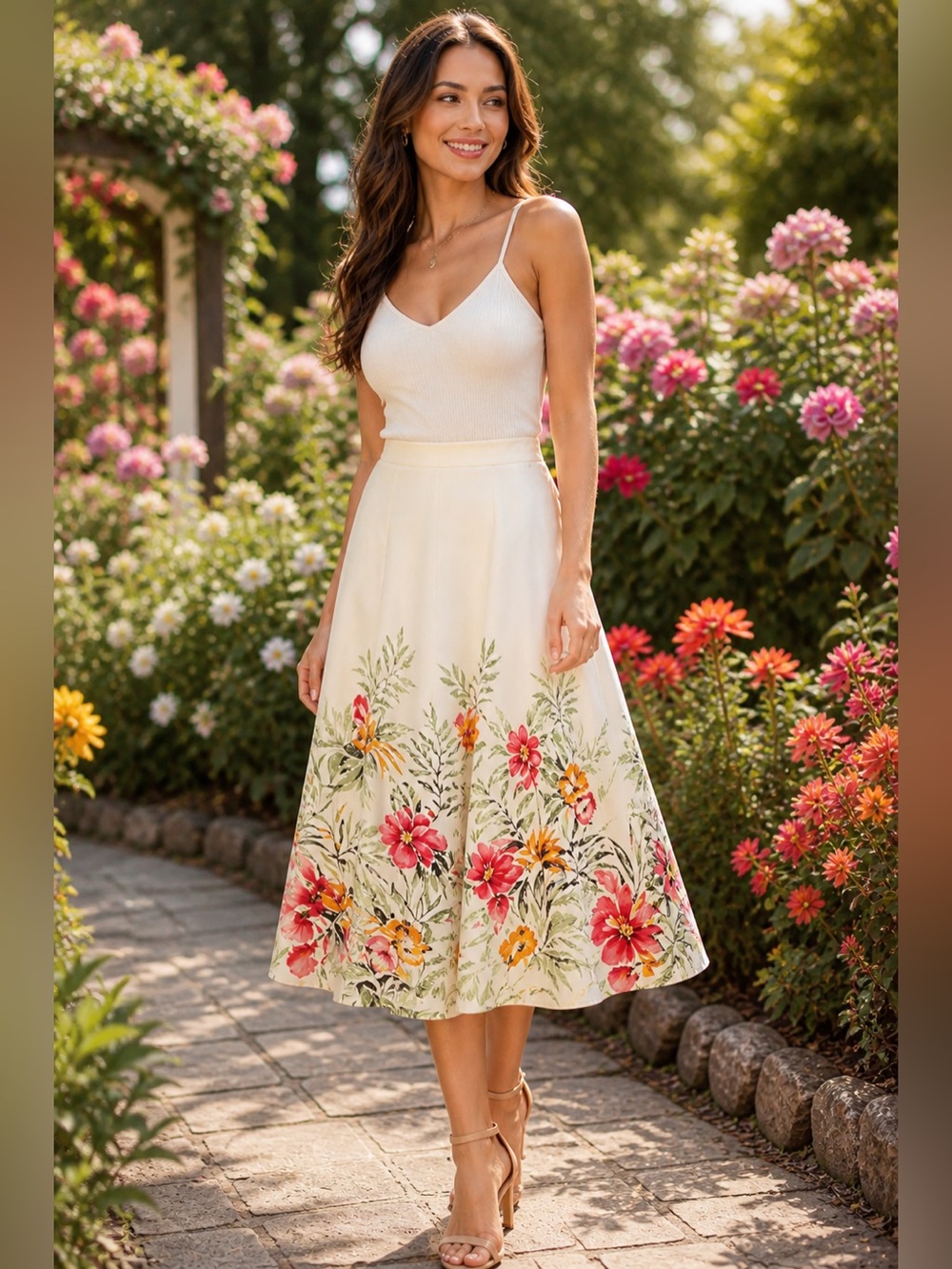140 Talbots Petites Floral A-Line Midi Skirt Size 6 Cream Tropical Summer